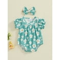 thumbnail image 3 of Musuos Newborn Girl Summer Outfit, 0-18Months Short Sleeve Crewneck Flower Print Bodysuit with Bowknot Headband 3PCS Clothes Set, 3 of 9