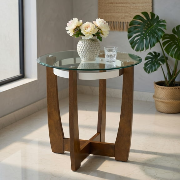 GVN 24 Inches Round Side Table Contemporary Accent Table with Tempered Glass Top Solid Rubber Wood Base for Living Room Bedroom Home Furniture, Walnut