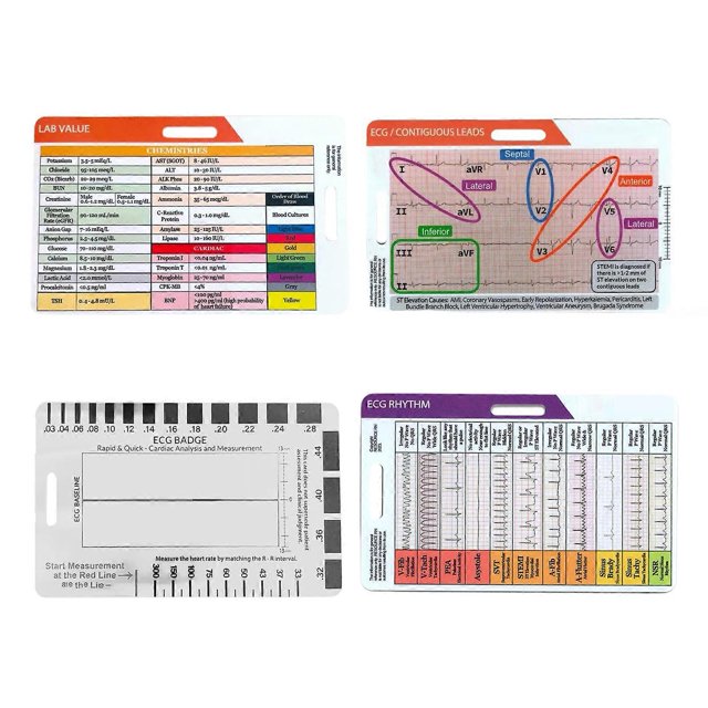 Tarjeta de bolsillo para medir el ritmo de ECG/EKG, diseño de doble cara, tarjeta de identificación para interpretar el ritmo de ECG, tarjetas de bolsillo para medir la frecuencia de ECG, calibrador