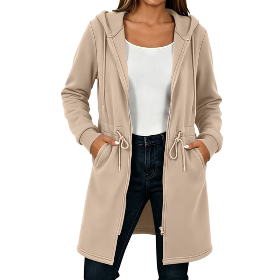 Turilly Women Long Zip Up Hooded Sweatshirt, Soft Fleece Cinch Waist Oversized Hoodie Coat Long Sleeve With Pockets Casual Loungewear