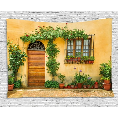 Italy Tapestry, Porch with Different Flowers Pots Fresh Green Plants City Life in Tuscany, Wall Hanging for Bedroom Living Room Dorm Decor, 60W X 40L Inches, Apricot Green Brown, by