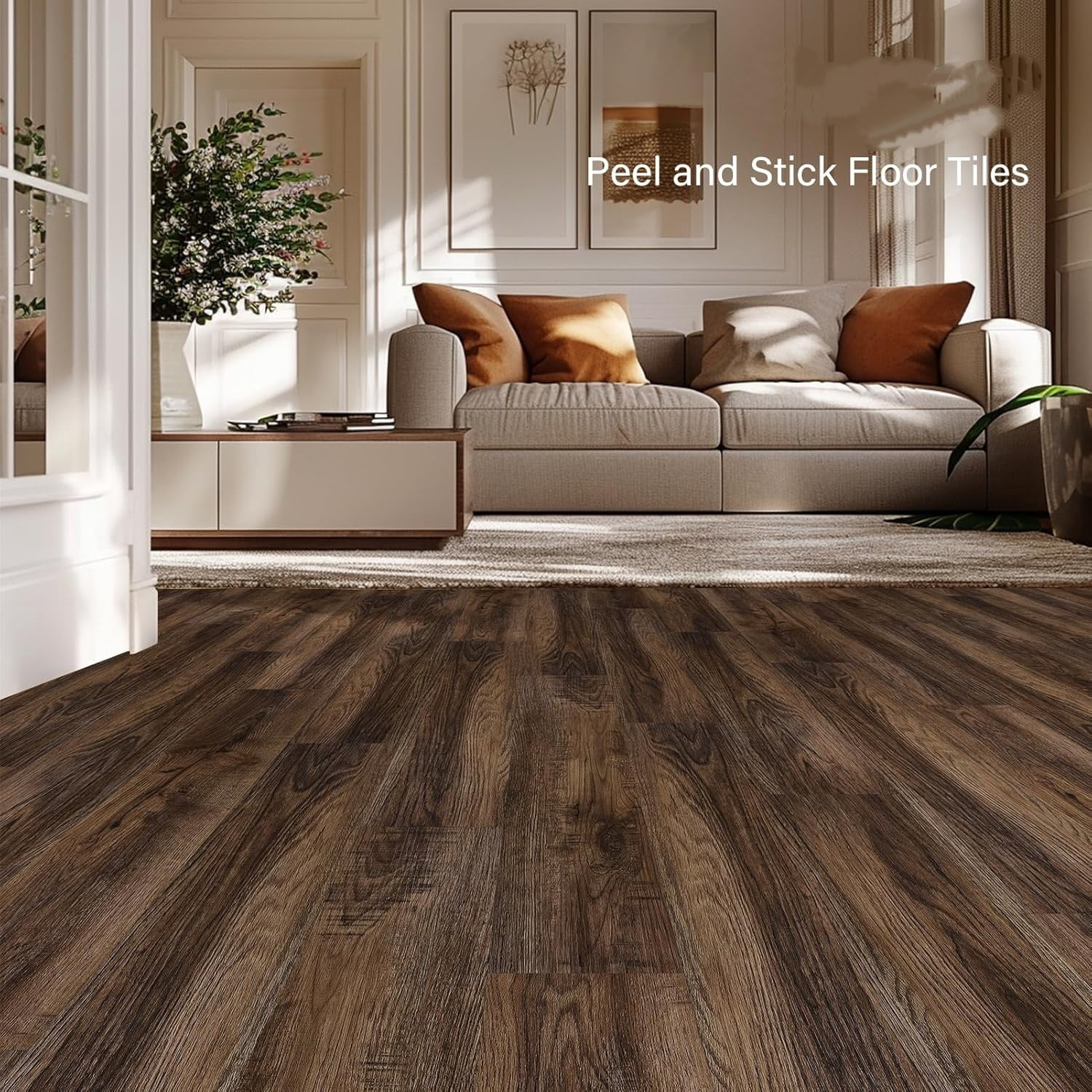 Peel and Stick Floor Tile,  36-Pack 54 Sq.Ft Self Adhesive Vinyl Plank Flooring Wood Grain Look 36x6 Inch Waterproof Tile Sticker for Bedroom, Living Room, Kitchen, RV (Smoked Brown)