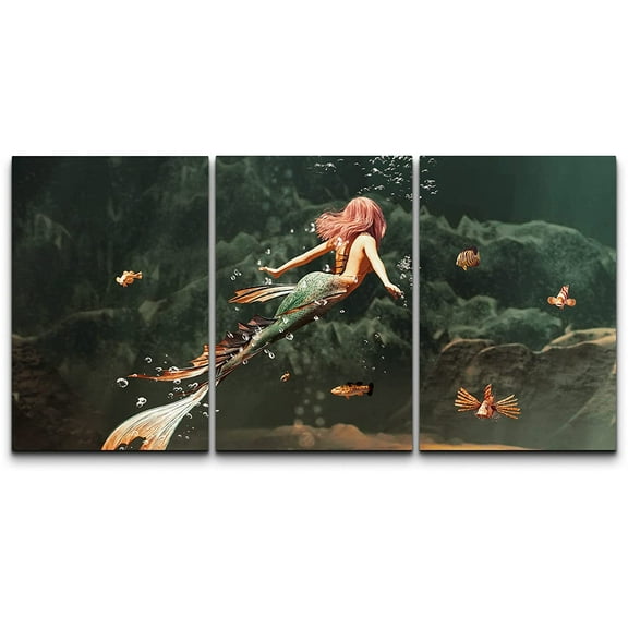 wall26 Canvas Print Wall Art Set Mermaid Swimming in Underwater Ocean Fantasy & Sci-Fi Fairy Tale Digital Art Pop Art Decorative Landscape Medieval Cool for Living Room, Bedroom, Office - 16&quot