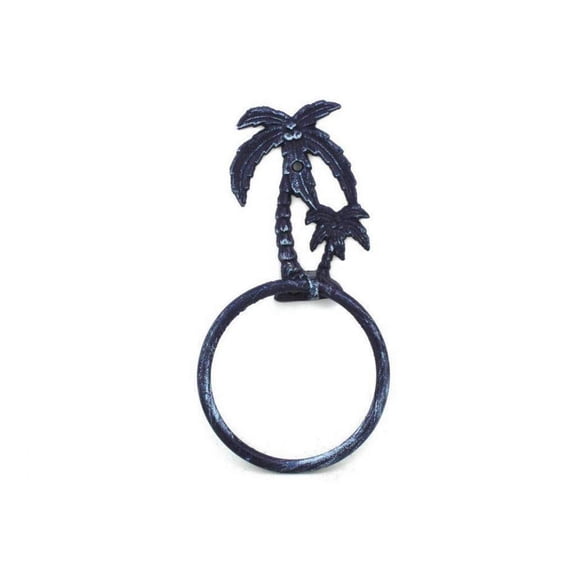 Hampton Nautical Rustic Palm Tree Towel Holder 9" Bathroom Beach Decor-Cast Iron, Solid Dark Blue