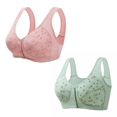 2PC Women Wireless Bras Comfort Back Support Floral Lace Bra Adjustable Wider Straps Full Coverage Lift Up Minimizer Bras Green 1 40C