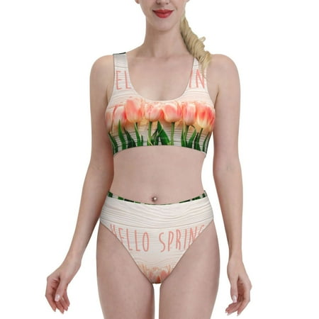 Bixox Hello Spring Pattern Two-Piece Sports Bikini with U-Shaped Top and High-Waist Bottom - Women s Swimwear with Removable Bra Pads