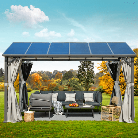 Yoleny 10' x 13' Hardtop Patio Gazebo, Outdoor Aluminum Frame Canopy Gazebo with Netting and Shaded Curtains for Garden, Patio, Lawns, Parties