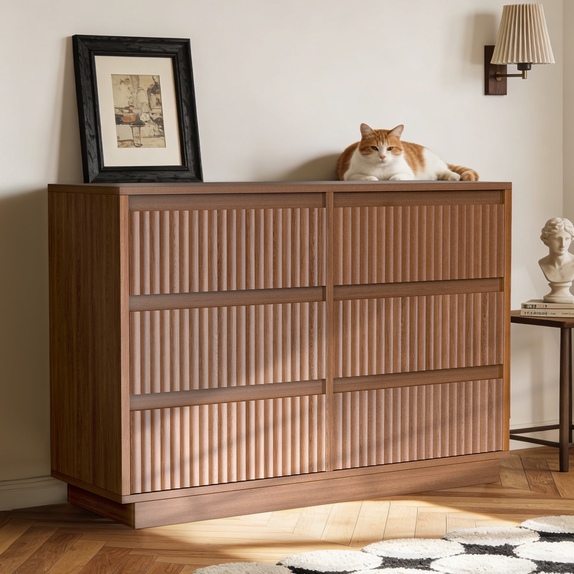 UPGO 44.8'' Fluted Dresser for Living Room, Bedroom, Hallway, Entryway with Deep 6 drawers, Wooden Dresser