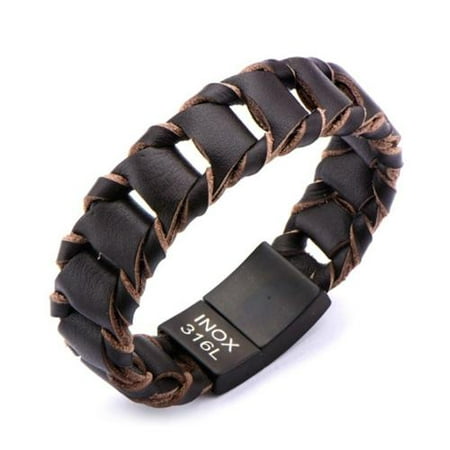 Inox Jewelry BRLT10 Big Fold Braided Stainless Steel & Leather Bracelet, Brown