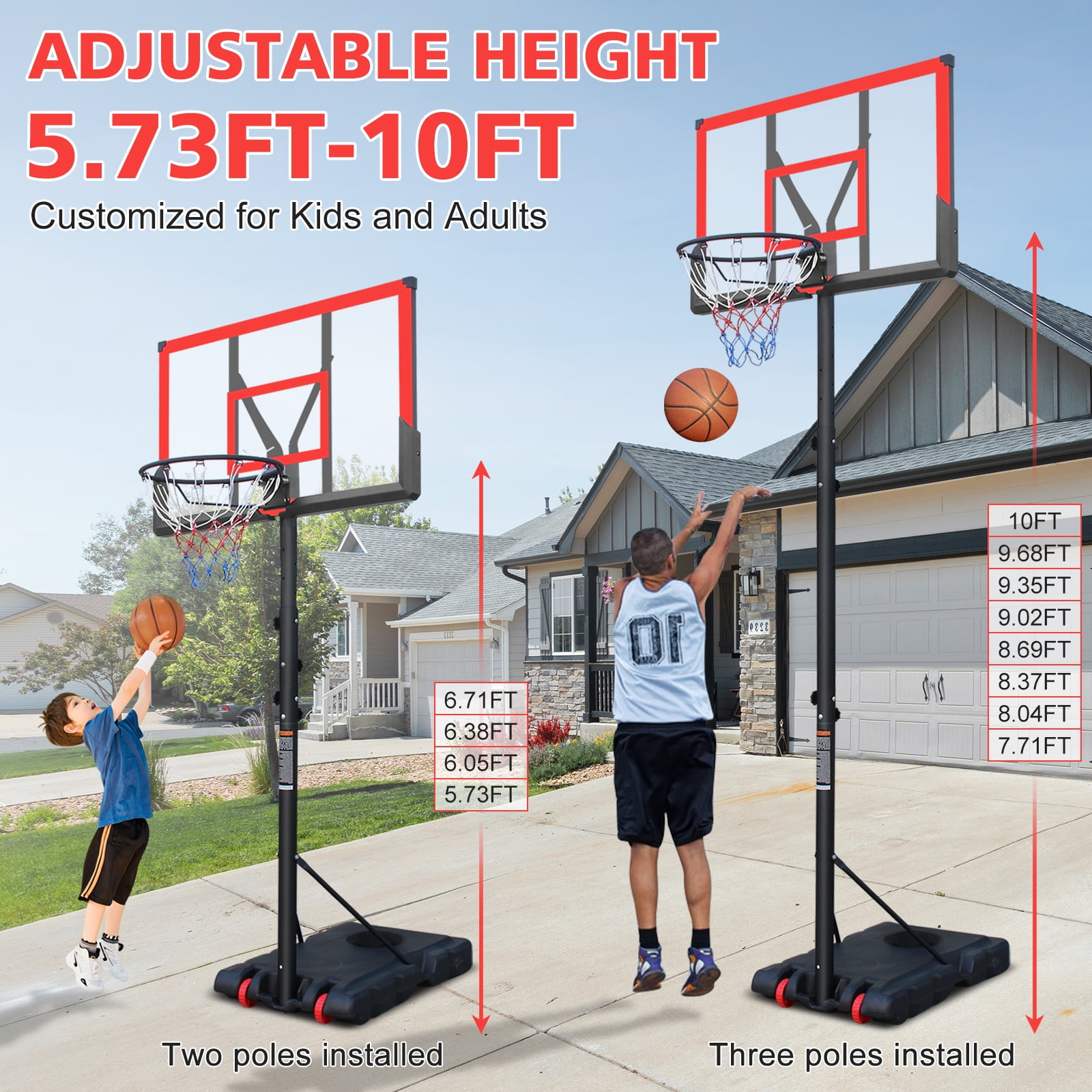 Basketball Hoop 5.73-10FT Height Adjustable Portable Basketball Goal for Indoor Outdoor Basketball Stand 44in Backboard with Wheels, Red