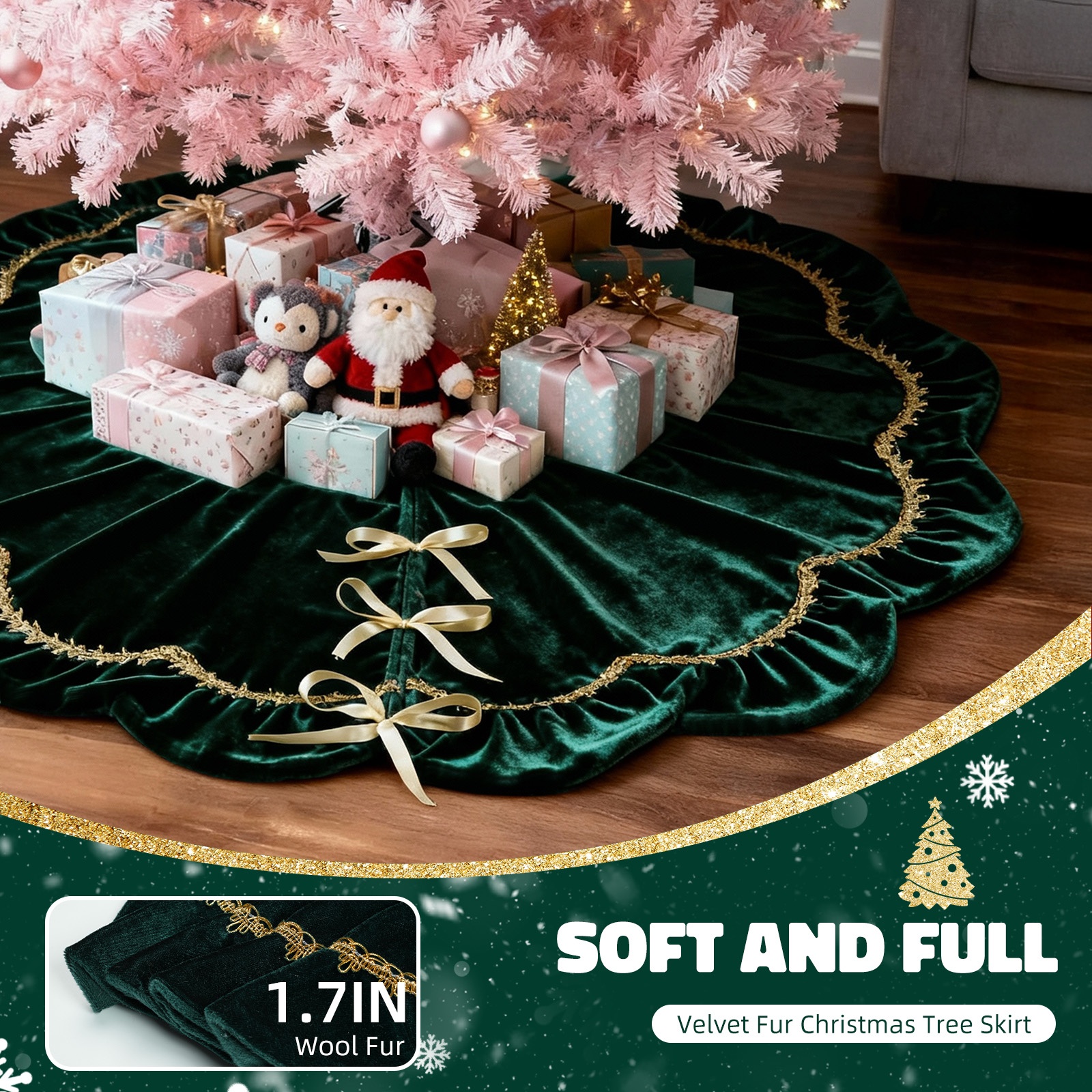 Inadays Luxury Velvet Christmas Tree Skirt, 30" Green photo 6