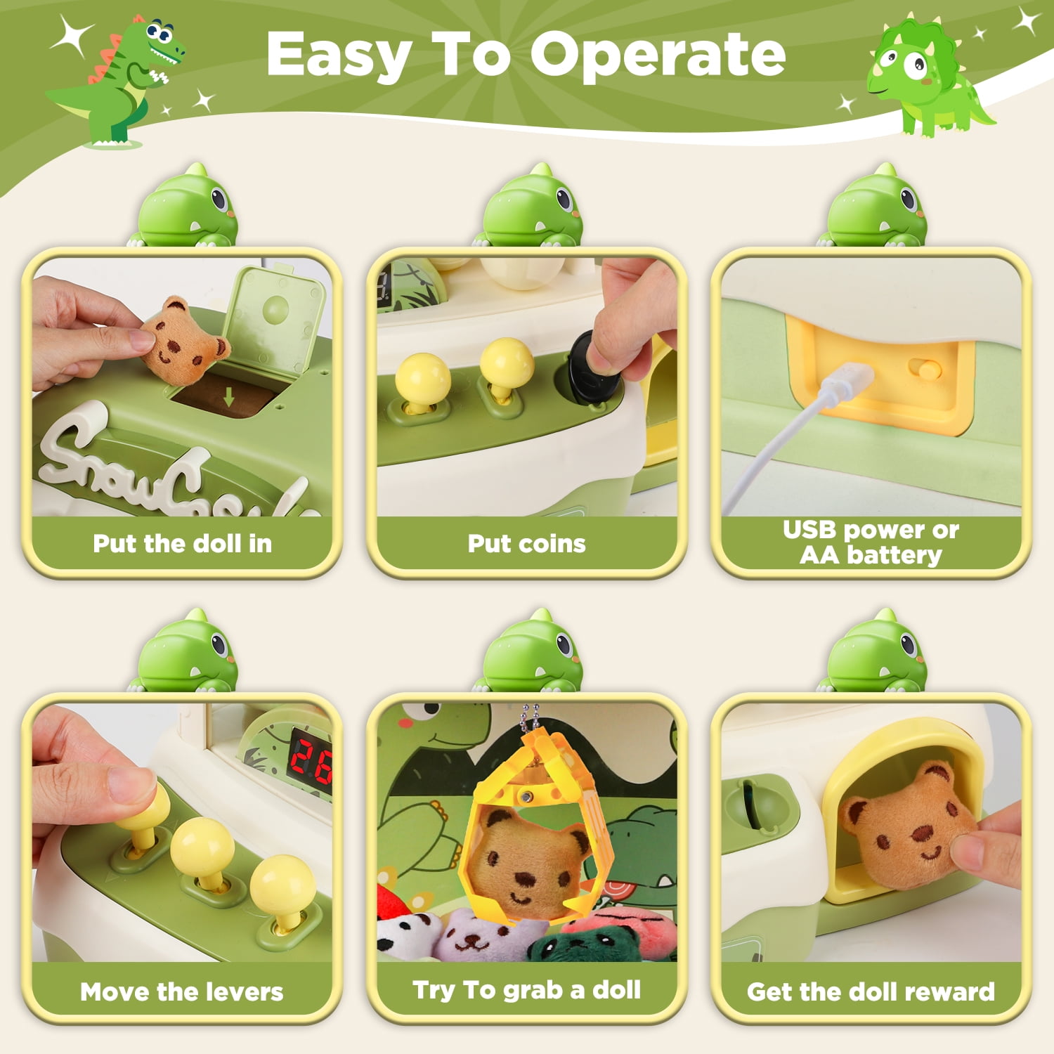 Carsky Dinosaur Toys Claw Machine, Arcade Game Doll Vending Toys, Birthday Party Supplies Dinosaur Christmas Gift