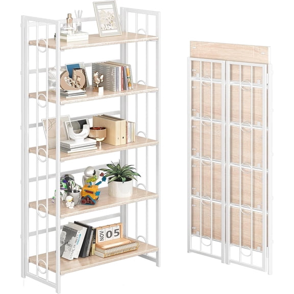 XH No Assembly 5 Tiers Folding Bookshelf Storage Shelves Vintage Bookcase Standing Racks Study Organizer Home Office - Natural White