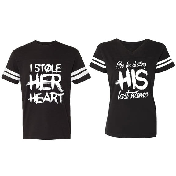 I Stole Her Heart So I am Stealing His Last Name Matching Couple Cotton Jerseys (Men Black / Women Black) (Men S / Women S)