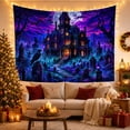 thumbnail image 3 of Haunted Mansion with Gravestones and Full Moon, Eerie Gothic for Dark Art Lovers, Spooky Cemetery Wall Art, Halloween Gift Tapestry Wall Hanging for Bedroom and Dorm, 3 of 7