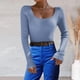 thumbnail image 4 of Gibobby Suéter Divertido Suéter de punto con cuello en U de color sólido para mujer Suéter de cuello con fondo (Azul, S), 4 of 5