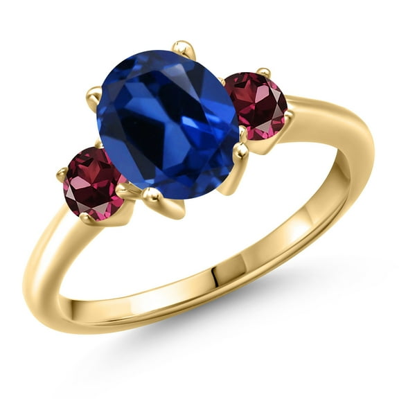 Gem Stone King 10K Yellow Gold Blue Created Sapphire and Red Rhodolite Garnet Engagement Ring for Women | 3.04 Cttw | Oval 9X7MM | Gemstone September Birthstone | Size 9