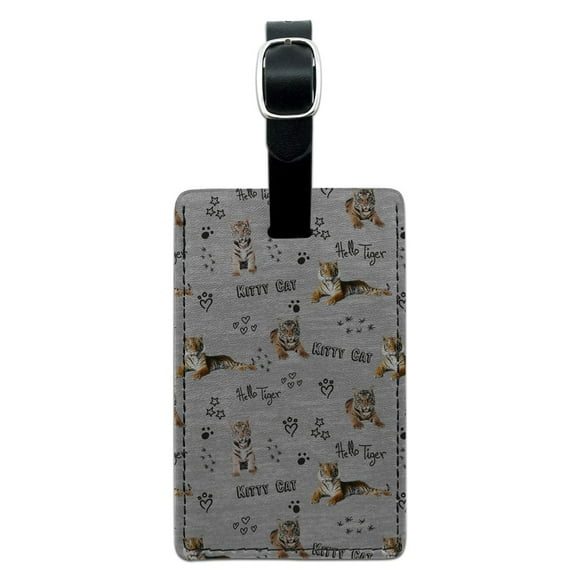 Hello Tiger Kitty Cat Paw Print Hearts Pattern Rectangle Leather Luggage Card Suitcase Carry-On ID Tag
