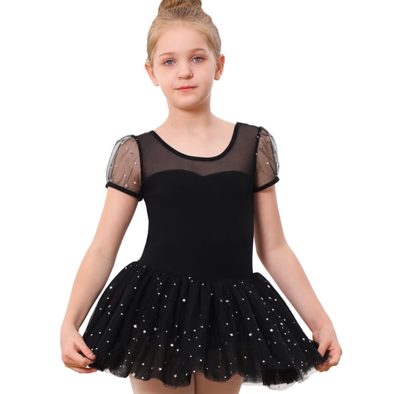 Stelle Toddler Girls Puff Sleeve Sequins Tutu Ballet Dress,Ballet Leotard with Sparkly Skirt Ballerina Performance Outfit Dance Dress,Black,7-8 Years