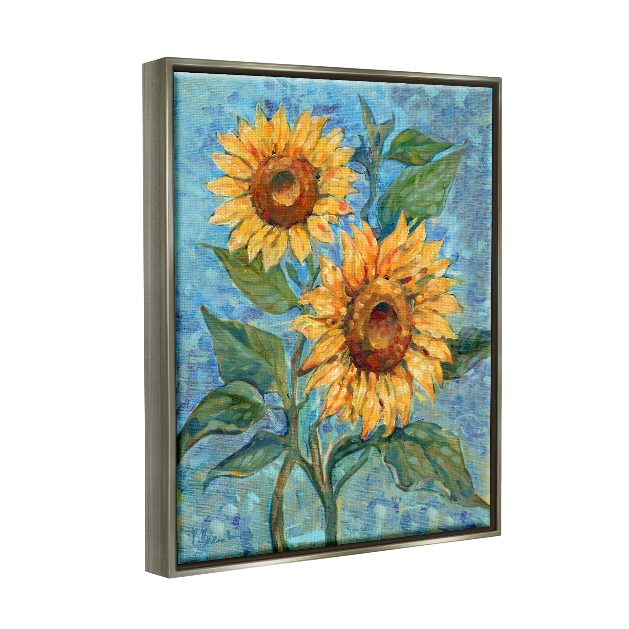 Stupell Industries Traditional Sunflowers on Blue Botanical & Floral Painting Gray Floater Framed Canvas Art Print Wall Art, 17 x 21