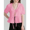 thumbnail image 2 of Elippeo Women Short Sleeve Shirts Solid Color Doll Collar Front Bowknot Tie-Up Fashion Blouses Summer Casual Tops, 2 of 6