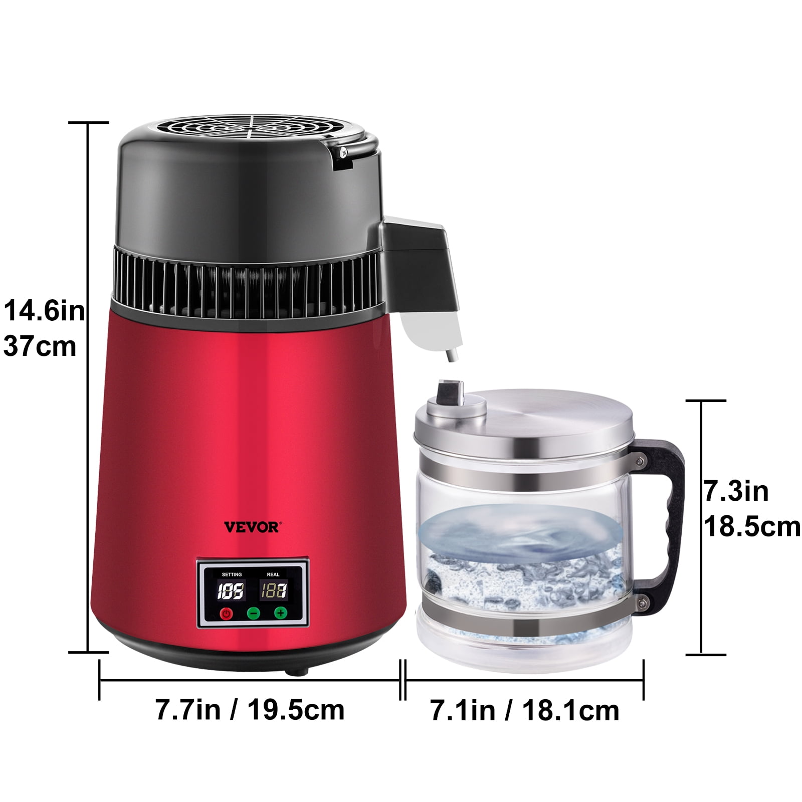4L Water Distiller 750W Distilled Water Machine with Glass Container Pure Water Distiller with Dual Temperature Displays 