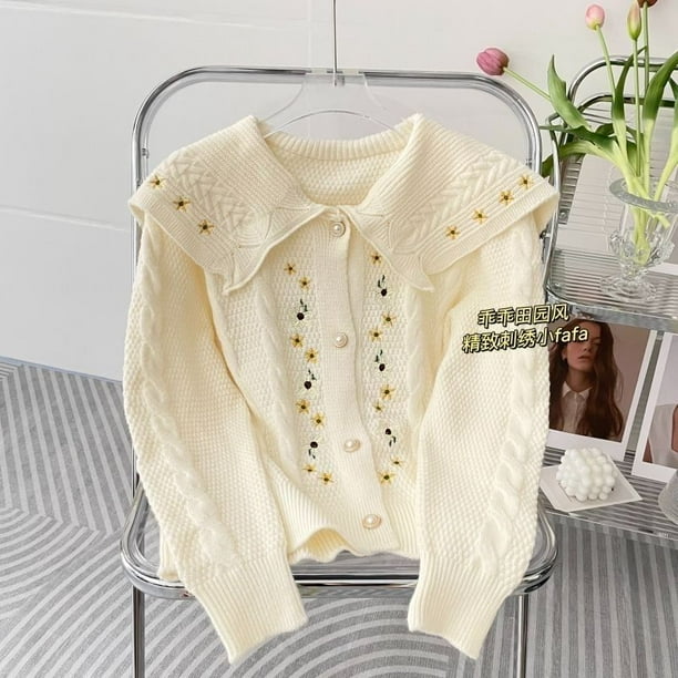 Vintage Winter Sweater LOVE DOCK Women Cardigan Flowers Embroidery Short  Section Peter Pan Collar Coat Casual Streetwear Tops