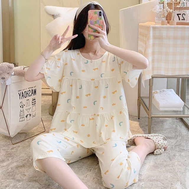 Pijama de seda de algodón de manga corta de verano para mujer, estilo occidental, fino, con aire acondicionado, ropa de casa, traje de seda de algodón para estudiantes dulces para niñas