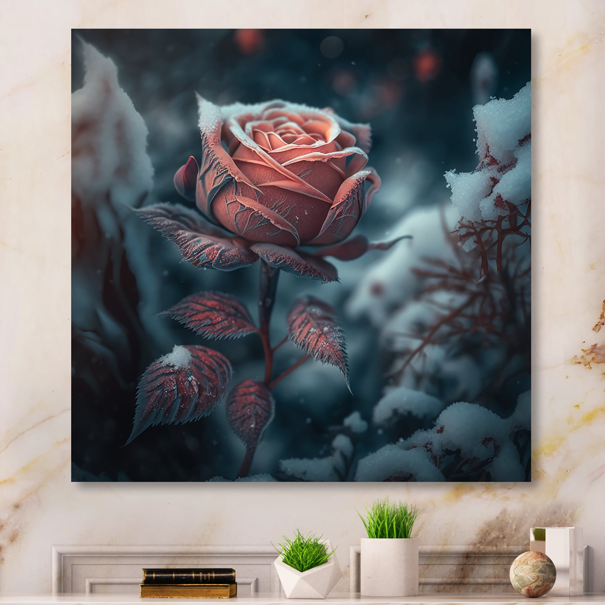 Designart A Blooming Pink Roses Flower In Winter Canvas Wall Art