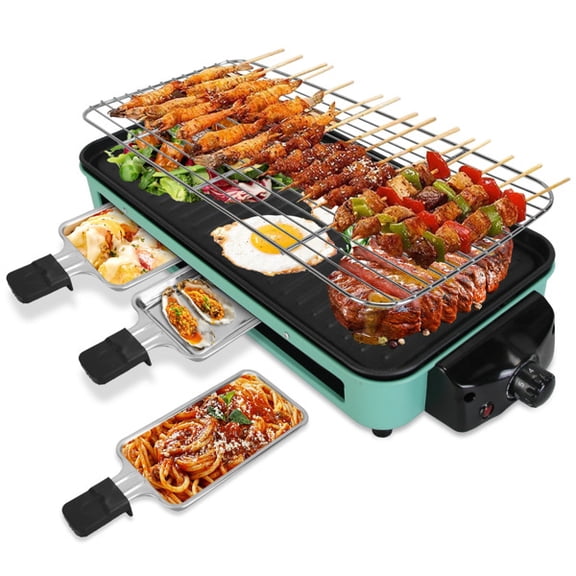 imerelez 1500W Electric Indoor Grill 2 in 1 Electric BBQ Gill with Grill Net Removable Plate 5 Temperature Control 3 Small Trays Dishwasher Safe