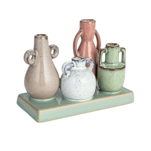 Creative Co-Op 4 Stoneware Mounted Vases on a Base with Reactive Glaze, Multicolor