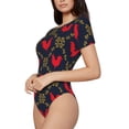 thumbnail image 2 of KLL Women 's Crew Neck Bodysuit Jumpsuits Red Rooster Print Short onesies Stretch T Shirts, 2 of 7