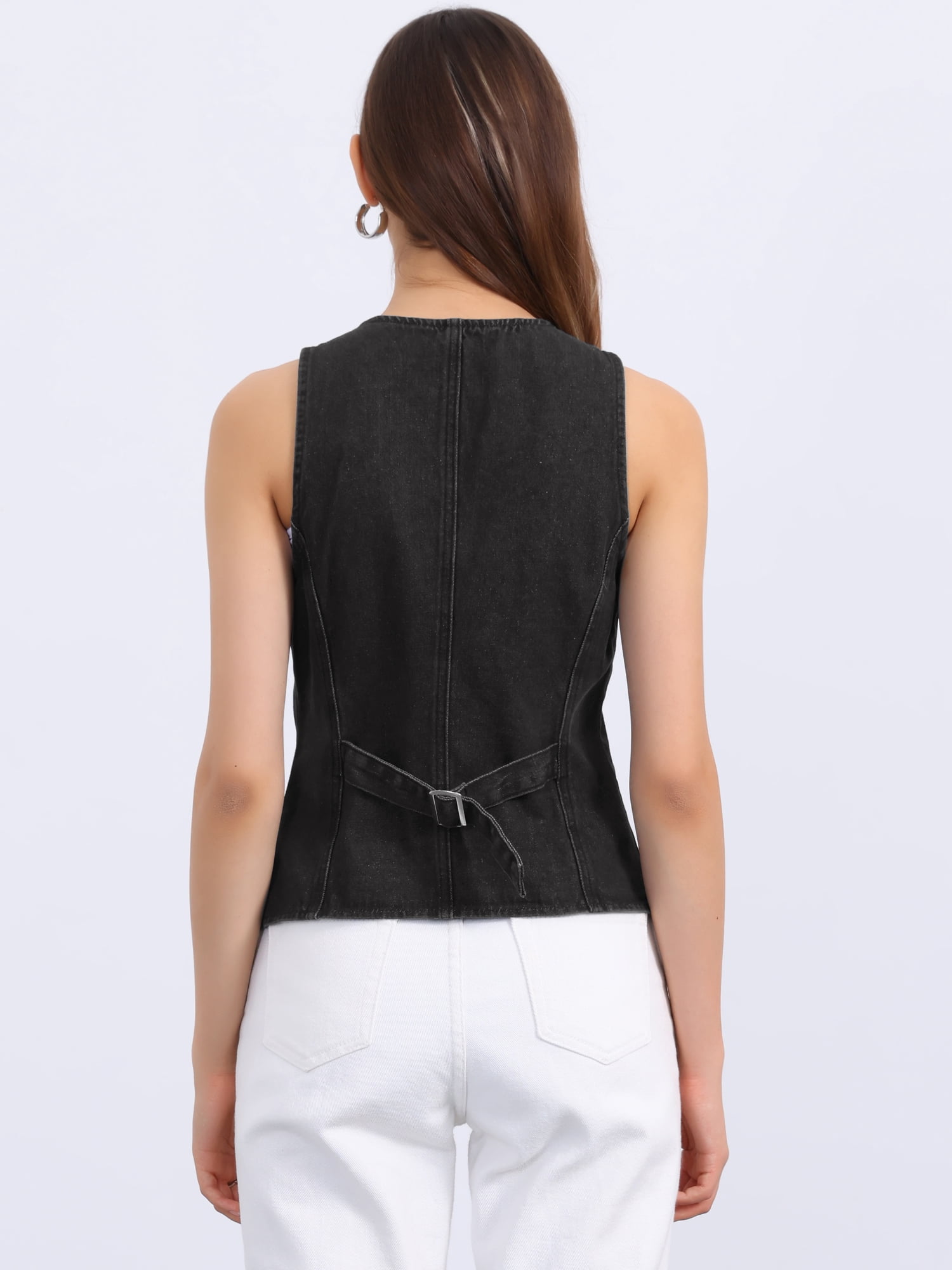 DARING DIVA Womens Denim Vest V Neck Button Down Jean Waistcoat Jacket L Black