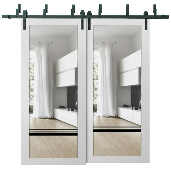 Sliding Closet Barn Bypass Doors 36 x 80 inches | Lucia 2666 White Silk Clear Glass | Sturdy 6.6ft Rails Hardware Set | Wood Solid Bedroom Wardrobe Doors