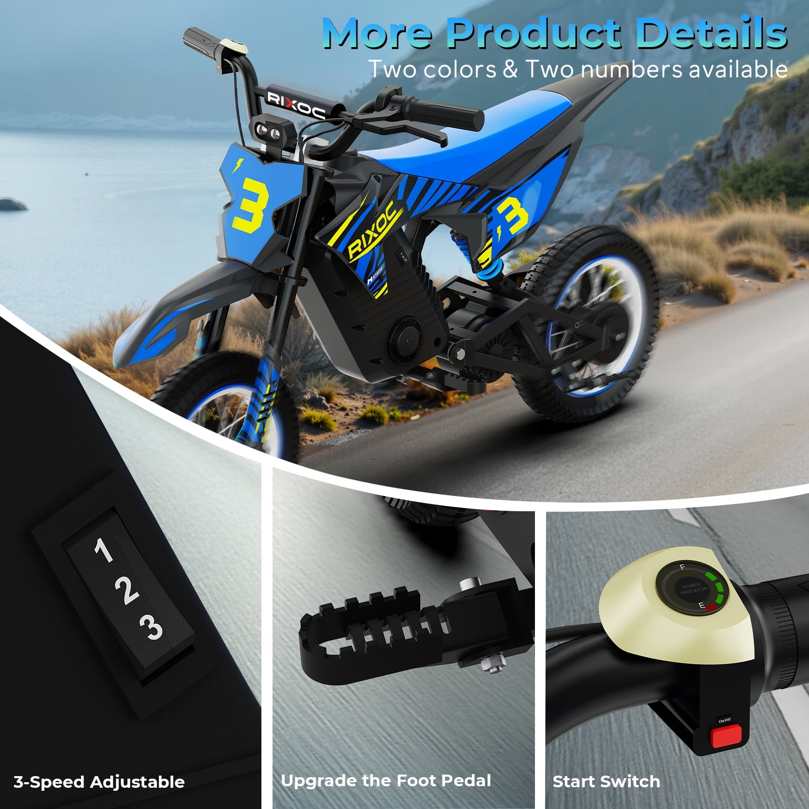 RIXOC DK-12 Electric Dirt Bike,3 Speed Modes up to 15.5 mph, 36V 5.2Ah Peak 700W Max 14Miles Electric Motorcycle for Kids Ages 3-8 UL2272