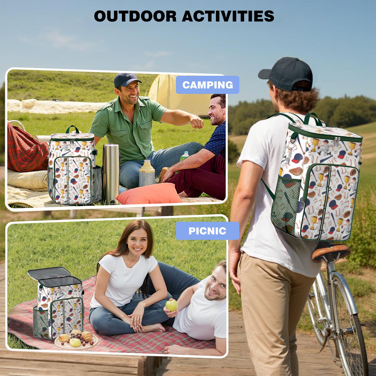 Travel Cooler Bag - Baseball Elements and Trophies Pattern Camping Beer Cooler Backpack with Bottle Opener- Waterproof Insulated Picnic Backpacks - Cooler Bag for Beach