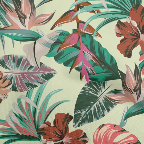 oneOone Polyester Lycra Beige Fabric Floral & Leaves Craft Projects Decor Fabric Printed By The Yard 56 Inch Wide
