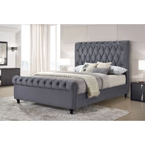 Modern Velvet California King Platform Bed with Crystal Tufted Rolled Top Headboard, Stylish Legs, Dark Gray