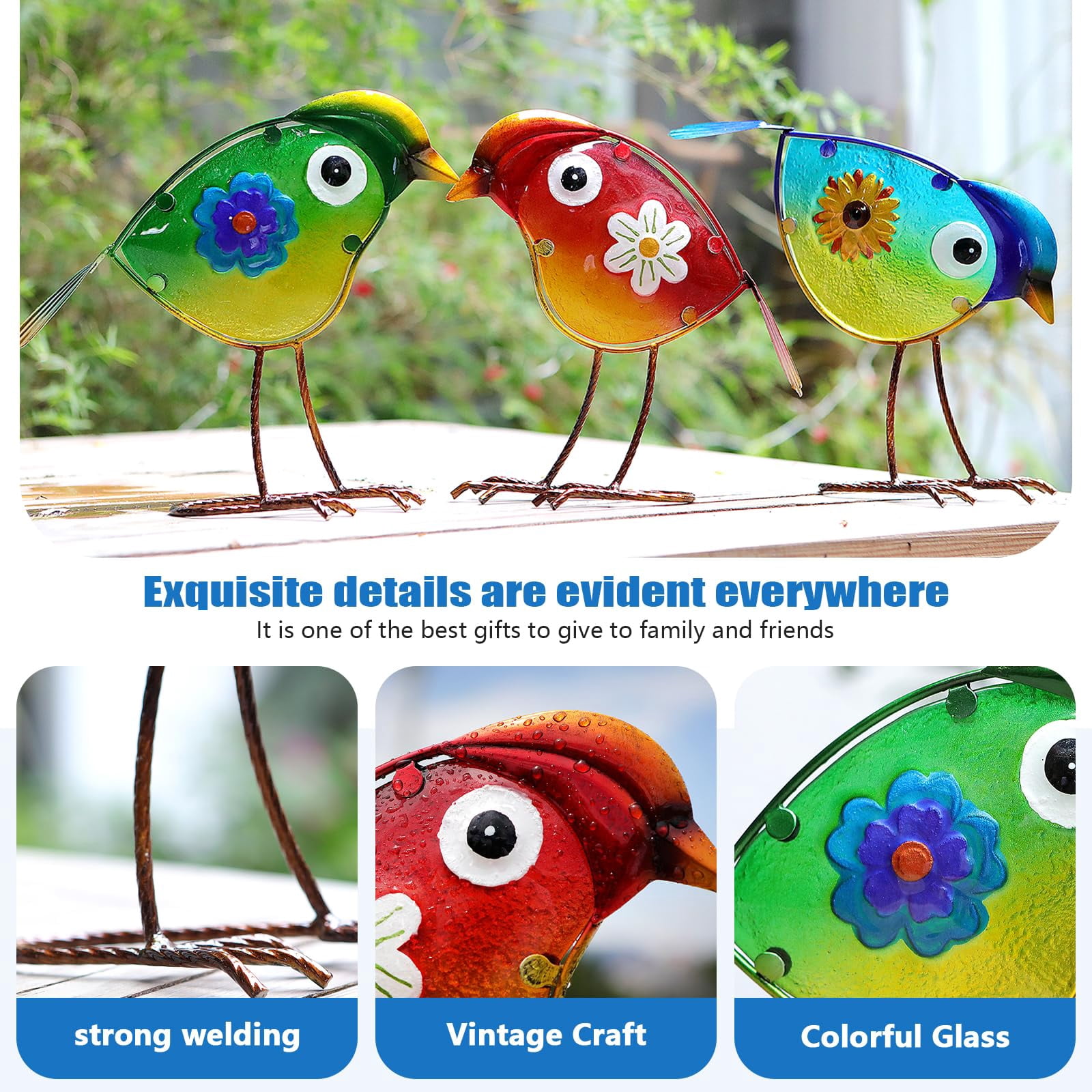 Bird Garden Decor For Outside  Glass & Metal Yard Art Decorations Outdoor Patio Backyard Gift Women Grandma Mom(3 Pack)