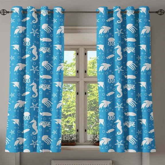 Ambesonne Sealife Grommet Curtain, Navy Seahorse Pipefish, 50" x 54", Turquoise White