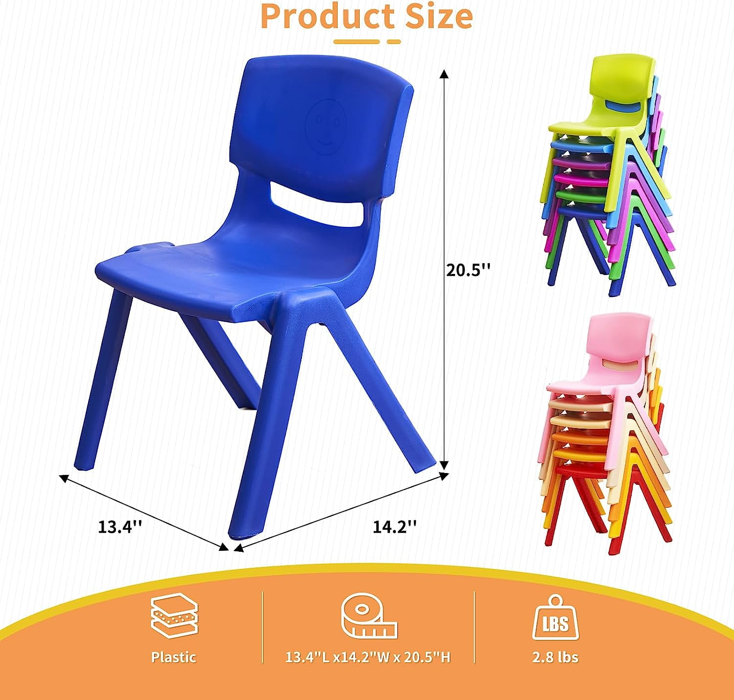 Linor 12Pcs Stackable School Chairs, Colorful Kids Plastic Chair for Toddlers with 12'' Seat, Kids Flexible Seating for Classroom Elementary, School, Daycare, Outdoor, Classroom，Back to School