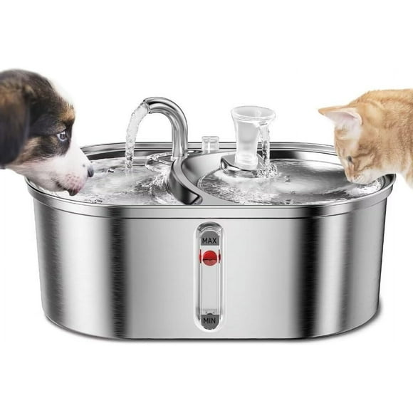 Cat Water Fountain Stainless Steel, 3.2L/108oz Automatic Pet Water Fountain with Double Outlets,Water Fountain for Cats and Small Dogs Inside,Ultra-Quiet with Visible Water Level