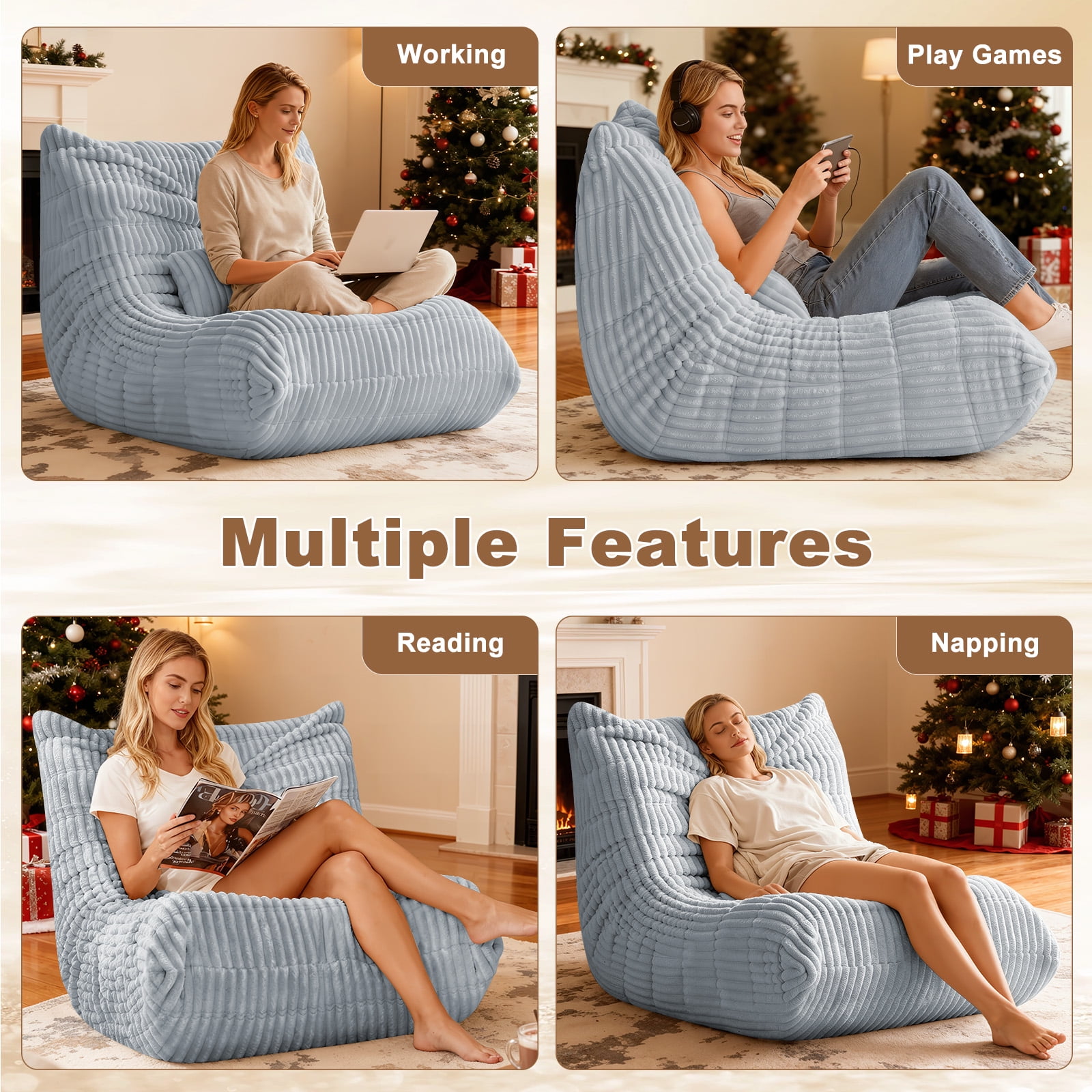 Bean Bag Chair for Adults with Lumbar support pillow Memory Foam Giant Bean Bag Sofa with Corduroy Material Lazy Sofa for Living Room Bedroom Dorm Office, Grey