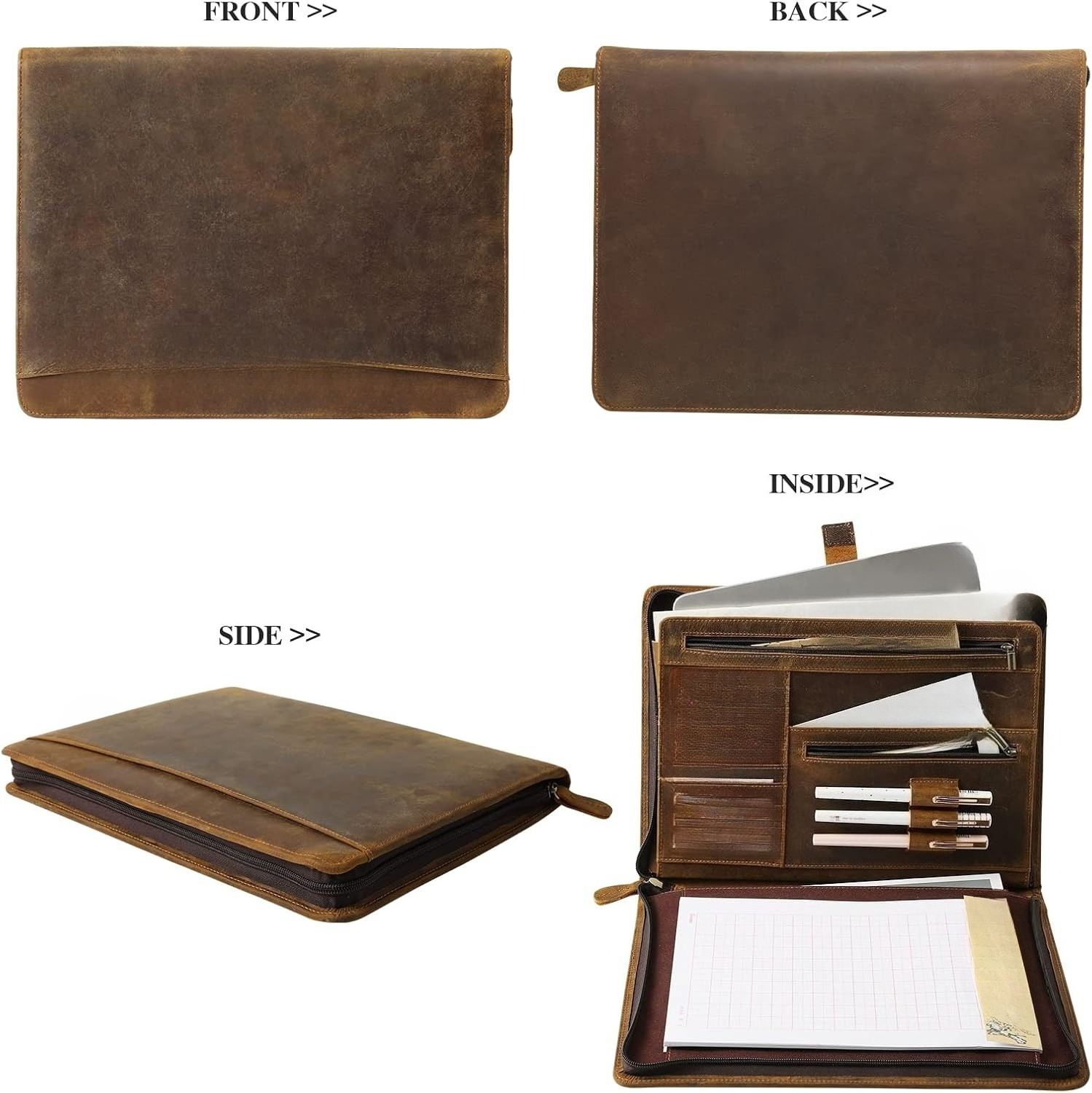 Genuine Leather Zipper Briefcase for Men and Women, Business Resume Folder Organizer, Brown