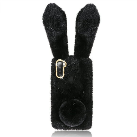 EeaseMX Carcasa para teléfono con forma de conejo de peluche, funda protectora para las cuatro estaciones, compatible con Galaxy A21, color negro