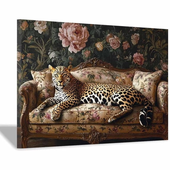 Mudket Framed Leopard on Floral Print Sofa Canvas Wall Art, Vintage Leopard Print Room Decor, Elegant Animal Wall Art Ready to Hang - 12"L x 8"W