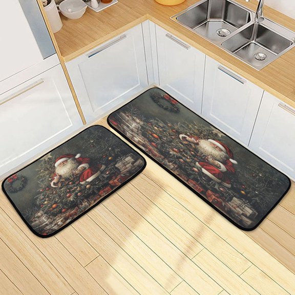 Kitchen Rugs and Mats【2 PCS】Non Skid Santa Claus with Gift Box Creative Kitchen Mat