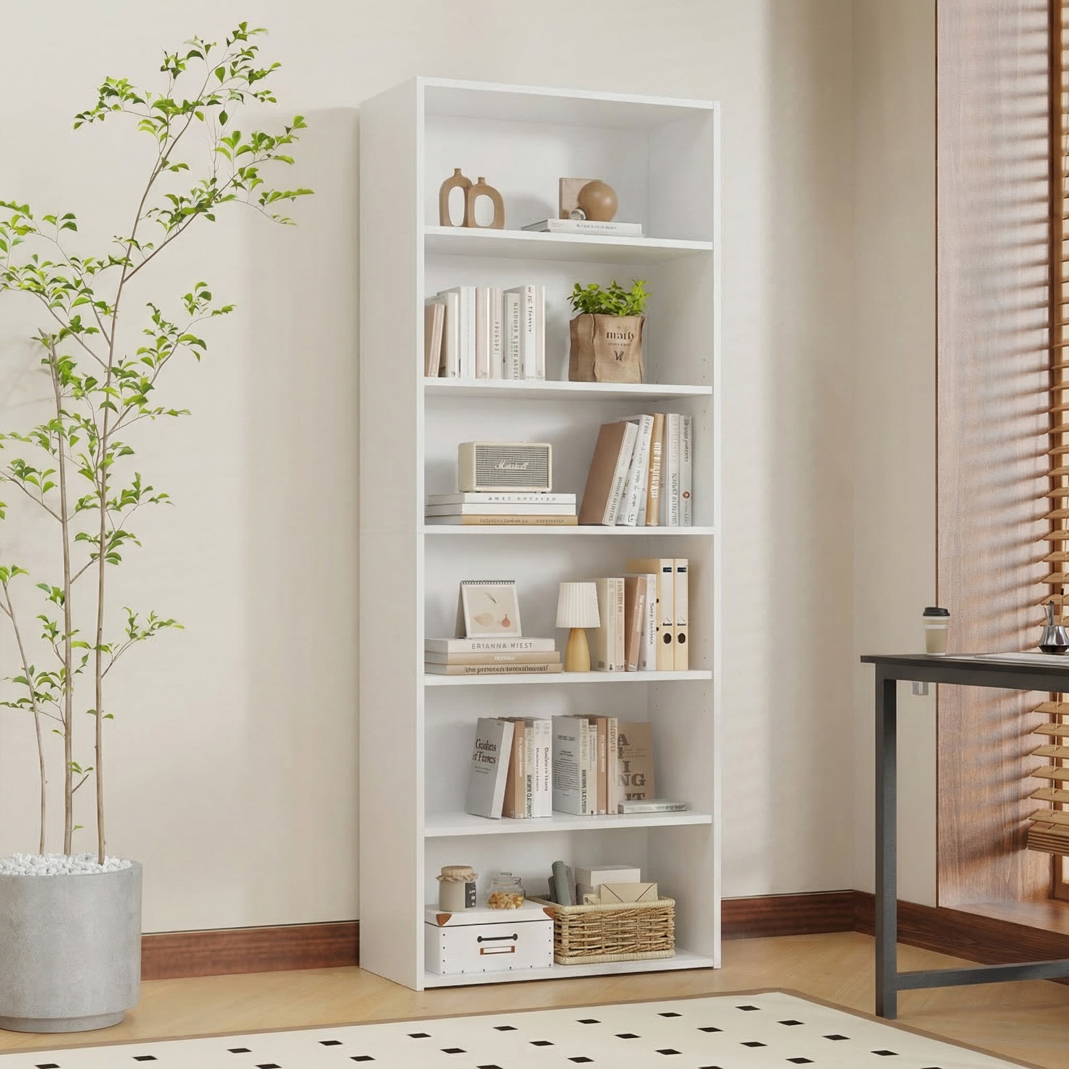 EDX 6 Tier Bookcase Storage, 63 Inch Large Tall Floor Standing Open Bookshelf for Home Office, Living Room, and Bedroom, White