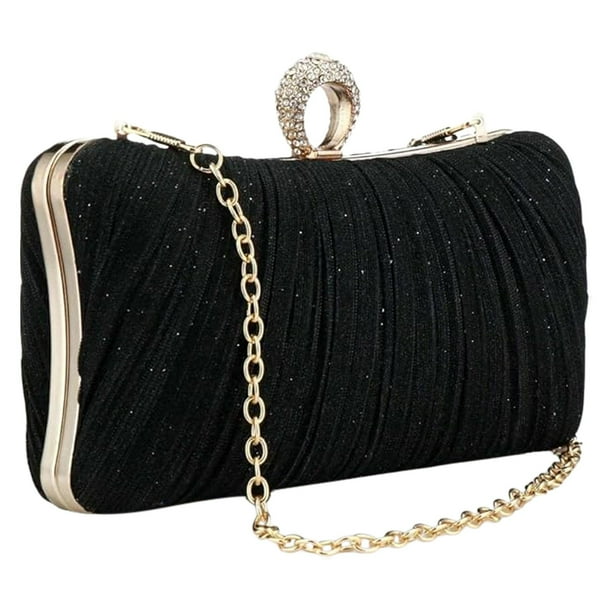 Bolso de mano dorado con purpurina para mujer Bolso de noche plisado para novias y bodas con anillo de strass