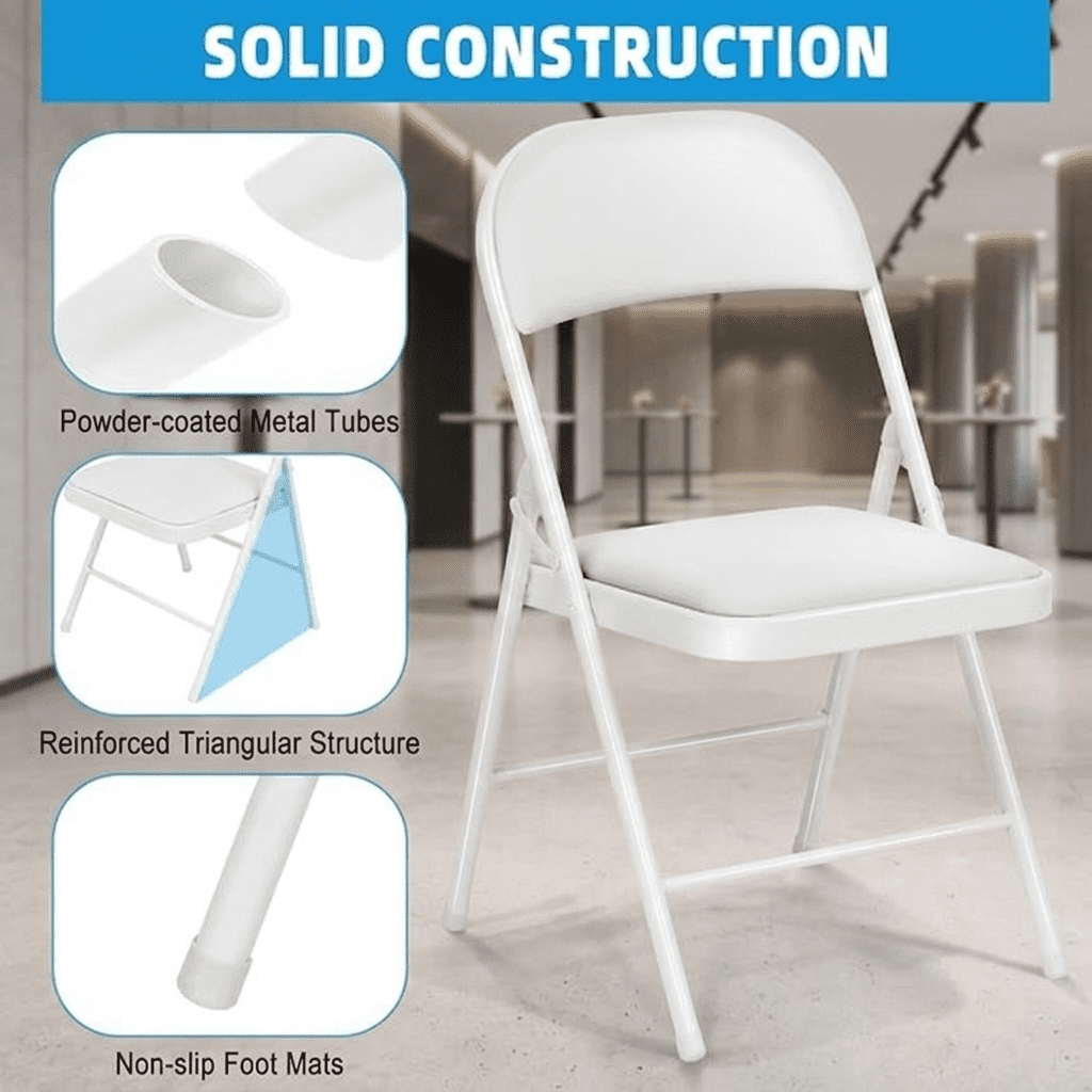 Fenbeli Padded Folding Chairs 4 Pack, White Steel Chairs with Metal Backs and 330 lb Capacity, Portable Seating for Home Events and Gatherings